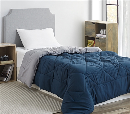Reversible Twin Extra Long Comforter Navy Blue College Bedding Essentials for Guys Dorm Checklist