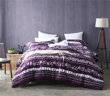 Twin XL Dorm Room Comforter - Mulberry / White Flower Pattern Dorm Essentials