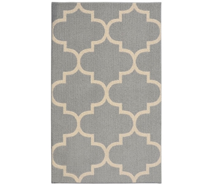 Quatrefoil Large Dorm Rug - Silver and Ivory Dorm Room Decorations