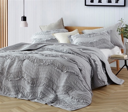 Gray Dorm Room Bedding Stylish Relaxin' Chevron Ruffles Design Single Tone Glacier Gray Twin Extra Long Quilt