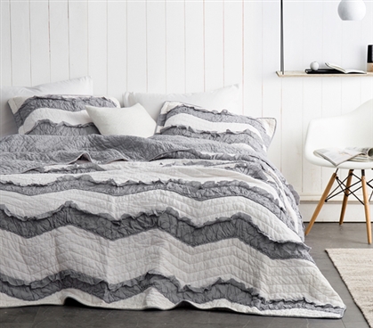 Lightweight College Quilt Two Tone Medium Gray and Creamy Off White Ruffle Textured Dorm Bedding