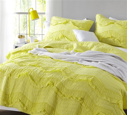 Bright Limelight Yellow Dorm Room Bedding Relaxin' Chevron Ruffles Extra Long Twin Quilt Single Tone