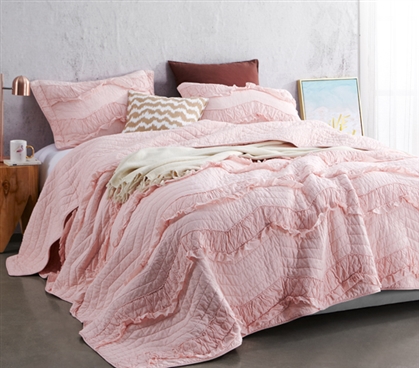 Pretty Rose Quartz Single Tone Relaxin' Chevron Ruffles Quilt Extra Long Twin Bedding