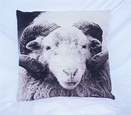 Dorm Decor Cotton Throw Ram Portrait Animal Pillow White and Gray