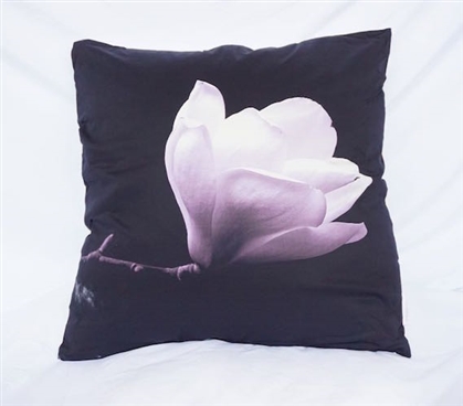 College Cotton Throw Pillow Black Blossom and Stem Dorm Decor