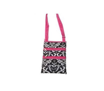 Pink Trim Damask 3 Zipper Passport Bag