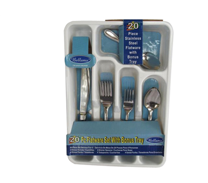 Dine In - Stainless Steel 20 PC Flatware Set with Tray Holder - Perfect For Dorm Meals