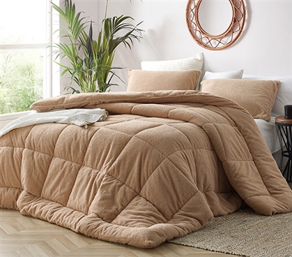 Full or Full XL Sized Dorm Comforter Machine Washable Tan Bedding Made with Plush Bedding Materials