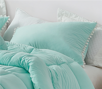 Cute Dorm Pillow Shams with Pom Pom Trim Teal Pillow Case Microfiber Spandex Fabric Pillow Cover