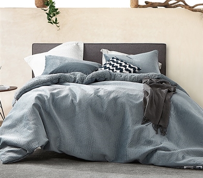 Extra Long and Extra Wide Plush Dorm Comforter with Matching Blue Gray Standard College Pillow Sham