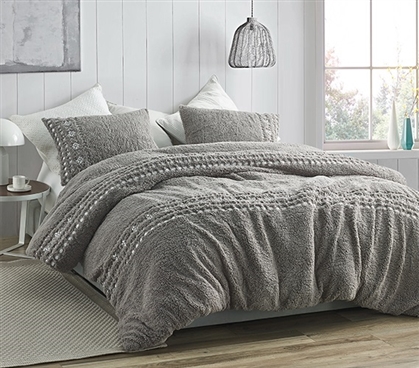 Gray Sherpa Comforter Set Matching Sherpa Pillow Sham Embroidered Dorm Bedding Essentials