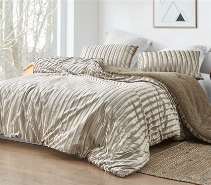 Stylish Velvet Crush Oversized College Comforter Set with Ridged Silver Beige Design