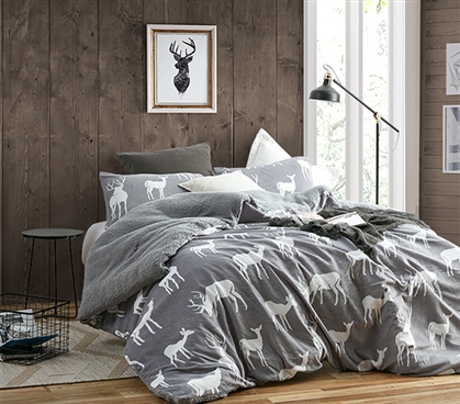 Neutral Gray Twin Extra Long Plush Comforter with Stylish White Deer Silhouettes