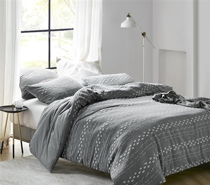 Gray College Comforter Set Embroidered Cotton Twin XL Bedding Set Neutral Dorm Room Comforter Set