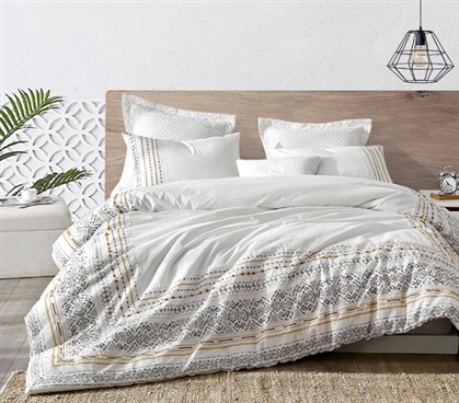 Trendy Boho Dorm Decor White and Gold Duvet Cover Extra Long Twin Embroidered Bedding