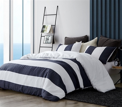 White and Blue Dorm Striped Bedding Extra Long Twin Size Duvet Cover Set with Navy Pillow Covers