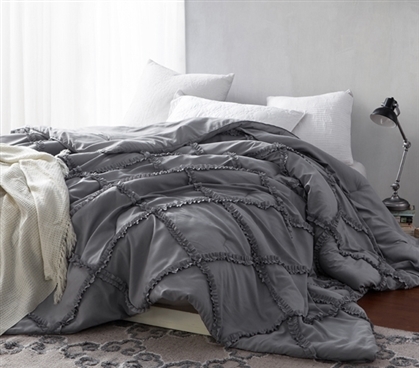 Dorm Comforter Gray Full Size Bedding Essential Ruffled Blanket Neutral College Decor