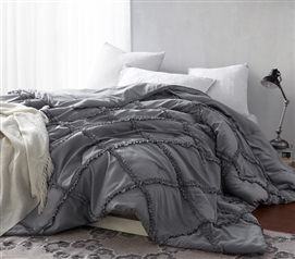 Extra Long Twin Dorm Comforter Alloy Gray Gathered Ruffles Super Soft Microfiber College Bedding