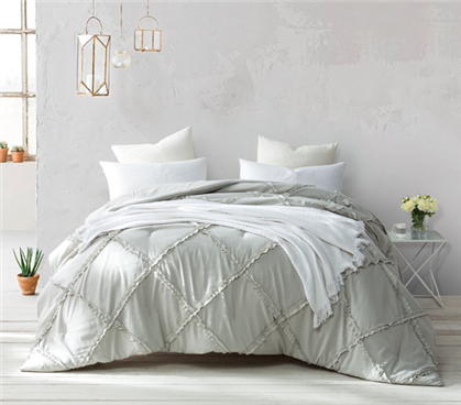 Stylish Greige Gray Beige Oversized College Comforter 100% Microfiber Dorm Bedding with Textured Ruffle Design