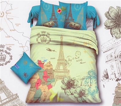 Extra Long Twin Comforter Set Map Eiffel Tower Designer Dorm Bedding College Dorm Essentials
