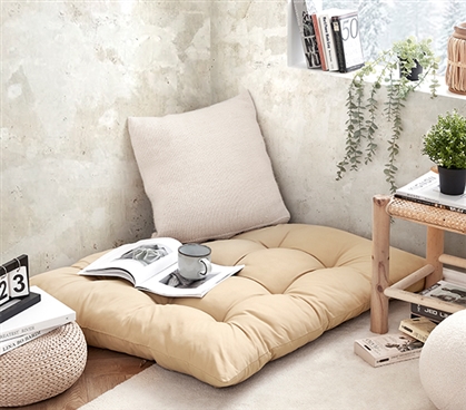 Neutral Beige Dorm Room Pillows Oversized Floor Cushion Small Space Seating Pouf