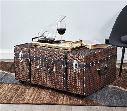 Brown Trunk Chest for College Dorm Organization Rattan Trunk Organizer Dorm Essential Footlocker with Wheels