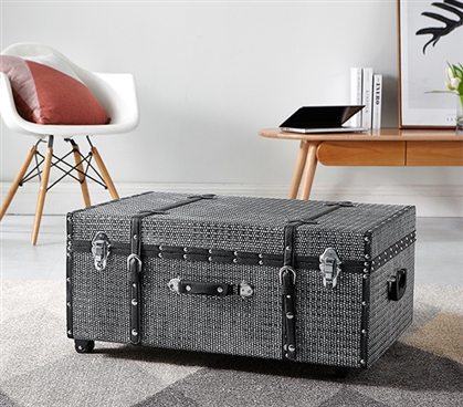 Black Dorm Trunk with Wheels College Storage Coffee Table for Dorm Room Organization Ideas