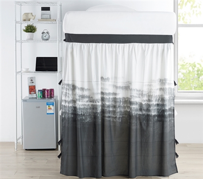 Extra Long Twin Bed Skirt Panel with Ties 100% Cotton College Bed Skirt Panel with Faded Black and White Ombre Design