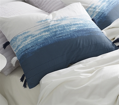 Dark Blue Pillow Shams with Tassels Cotton Pillowcase Set of 2 Ombre Blue Pillow Sham Set