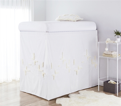 White Southern Alps Extended Dorm Bed Skirt with Plush Furry Details for Twin XL Sized Beds