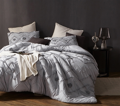 Stylish College Bedding Decor Unique Glacier Gray Twin XL Comforter with One-of-a-Kind Ruffled Chevron Textured Design