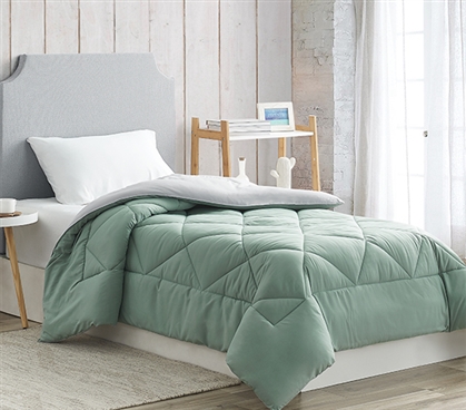 Cheap Dorm Bedding Essentials Green and Gray Twin XL Reversible Comforter College Bedding Essentials