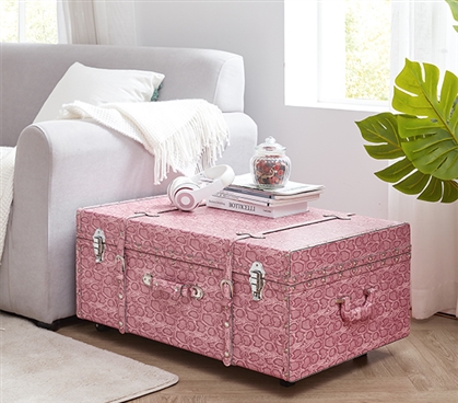 Cute Dorm Decor Pink Footlocker Trunk with Wheels and Lock Must Have College Freshman Essentials