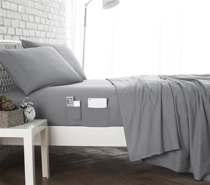 Dorm Room Sheets Full Size Bedding Gray Sheet Set with Pockets Bedside Storage College Essentials