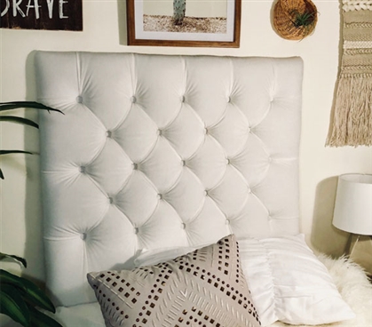 Tufted Headboard College Dorm Bedding Ideas Glam Dorm Decor Ideas White Velvet Twin XL Bedding Essentials