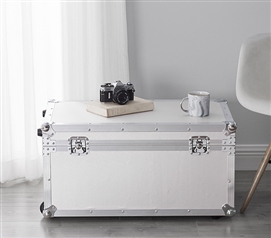 Steel Plated Storage Trunk with Lock and Handle White Dorm Essential Footlocker Trunk with Wheels