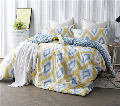 Yellow and Teal Diamond Patterned Dorm Comforter Set Reversible Extra Long Twin Comforter