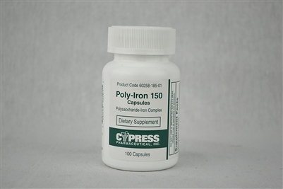 Poly Iron Capsules, 150 mg,  Iron Supplement, Cypress 2128353, 100 Count Bottle