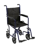 19" Transport Wheelchair, Blue Frame, Aluminum, Padded Black Fixed Arms, 8 Inch Wheels