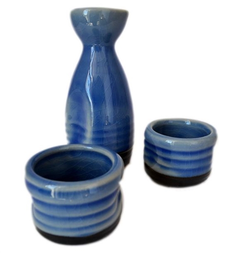 3-pc Japanese Ceramic Saki Rice Wine Set with Wooden Crate, Blue / Beige