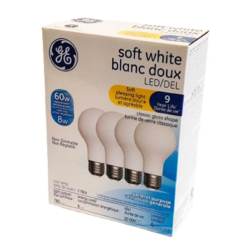GE 8W=60W A19 LED Bulbs, Soft White - Pack Of 4