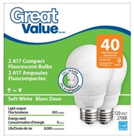 Great Value A17 Compact Fluorescent 9W Bulbs, 2pcs