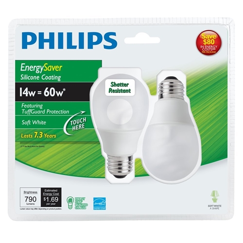 Philips Energy Saver Compact 14W Fluorescent Bulbs, 2 bulbs