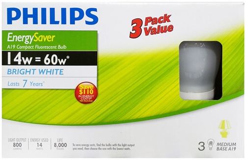 PHILIPS EnergySaver CFL 14W A19 Bulbs - 3 pcs