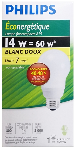 PHILIPS EnergySaver CFL 14W A19 Bulb