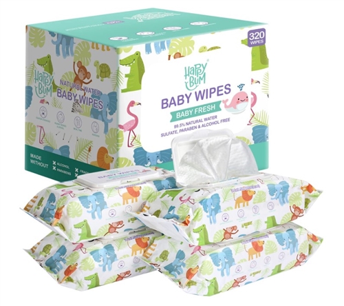 HAPPY BUM Wet Baby Wipes for Sensitive Skin, 4x 80 Count