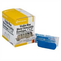 Blue metal detectable woven first aid bandages for use in manufacturing, food preparation and restaurant environments. First Aid Only H175