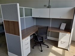 New AIS Divi 6' x 6' Workstations with 2- Peds, 66"h Panels with Wood inserts and Smoked Glass