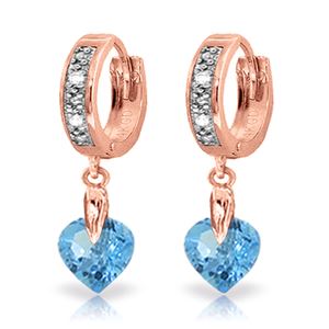 ALARRI 1.77 Carat 14K Solid Rose Gold Diamond Heart Blue Topaz Drop Hoops