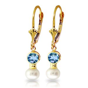 ALARRI 5.2 Carat 14K Solid Gold Leverback Earrings Pearl Blue Topaz